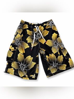 Surf Mentality XXL Black Yellow Floral Board Shorts Swim Trunks Cargo